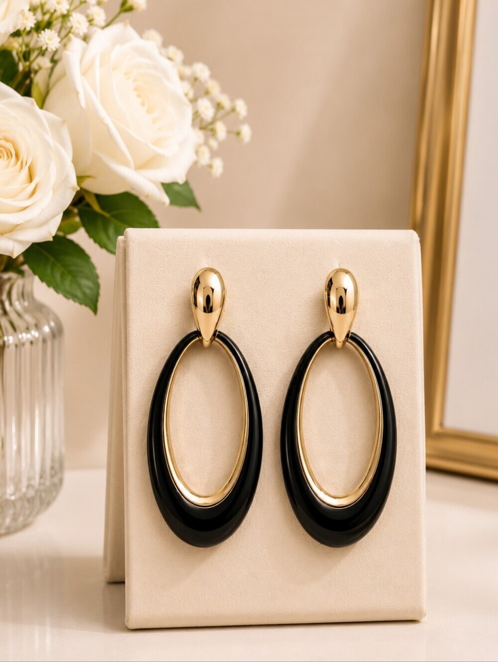 22k Gold Plated Black Enamel French Style Oval Earrings